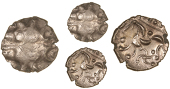 Corieltauvi, Uninscribed issues, Stater, Domino type, devolved head of Apollo, rev. disjointed horse left,...