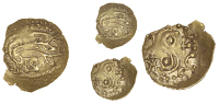 Corieltauvi, Uninscribed issues, Scyphate Quarter-Stater, type 1, stylised boar right, cross in box below, rev....