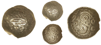 Corieltauvi, Uninscribed issues, Scyphate Quarter-Stater, type 1, stylised boar, wheel below, rev. large S symbol...
