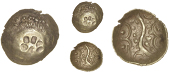 Corieltauvi, Uninscribed issues, Scyphate Quarter-Stater, type 2, stylised boar [?], segmented wheel below [?], rev....