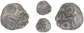 Corieltauvi, Uninscribed issues, Unit, Boar/Horse type, boar right, spear in back, large pellet-and-ring motif...