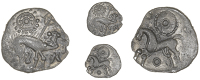 Corieltauvi, Uninscribed issues, Unit, Boar/Horse type, boar right, spear in back, large pellet-and-ring motif...