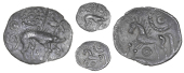 Corieltauvi, Uninscribed issues, Unit, Boar/Horse type, boar right, spear in back, large pellet-and-ring motif...