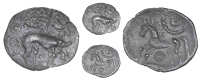 Corieltauvi, Uninscribed issues, Unit, Boar/Horse type, boar right, spear in back, large pellet-and-ring motif...