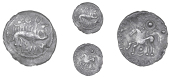 Corieltauvi, Uninscribed issues, Unit, Boar/Horse type, boar right, no spear in back, small pellet-and-ring motif...