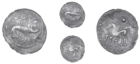 Corieltauvi, Uninscribed issues, Unit, Boar/Horse type, boar right, no spear in back, small pellet-and-ring motif...
