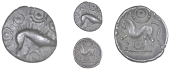 Corieltauvi, Uninscribed issues, Unit, Boar/Horse type, boar right, no spear in back, four pellet-and-ring motifs...