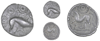Corieltauvi, Uninscribed issues, Unit, Boar/Horse type, boar right, no spear in back, four pellet-and-ring motifs...