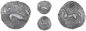 Corieltauvi, Uninscribed issues, Unit, Boar/Horse type, boar right, no spear in back, large pellet-and-ring motif...