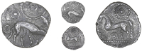 Corieltauvi, Uninscribed issues, Unit, Boar/Horse type, boar right, no spear in back, large pellet-and-ring motif...