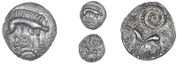 Corieltauvi, Uninscribed issues, Unit, Boar/Horse type, boar right, no spear in back, nothing above, three pellets...