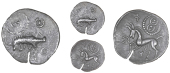 Corieltauvi, Uninscribed issues, Unit, Boar/Horse type, boar right, no spear in back, large pellet-and-ring motif...