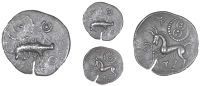 Corieltauvi, Uninscribed issues, Unit, Boar/Horse type, boar right, no spear in back, large pellet-and-ring motif...