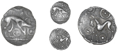 Corieltauvi, Uninscribed issues, Unit, Boar/Horse type, boar right, no spear in back, pellet-in-annulets around,...