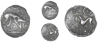 Corieltauvi, Uninscribed issues, Unit, Boar/Horse type, boar right, no spear in back, pellet-in-annulets around,...