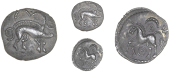 Corieltauvi, Uninscribed issues, Unit, ‘Crown Boar’ type, boar right, no spear in back, two arched pellet lines...
