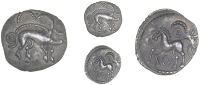 Corieltauvi, Uninscribed issues, Unit, ‘Crown Boar’ type, boar right, no spear in back, two arched pellet lines...