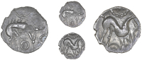 Corieltauvi, Uninscribed issues, Unit, Boar/Horse type, boar right, no spear in back, pellet-in-annulet above, in...