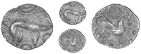 Corieltauvi, Uninscribed issues, Units (2), both Boar/Horse type, boar right, no spear in back, pellet-in-annulets...
