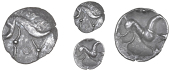 Corieltauvi, Uninscribed issues, Unit, Boar/Horse type, boar right, no spear in back, annulet below, rev. horse...