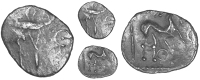 Corieltauvi, Uninscribed issues, Unit, Boar/Horse type, boar right, pellet-in-annulet in front, rev. horse right on...