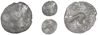 Corieltauvi, Uninscribed issues, Unit, Kite type, trace of design, rev. horse left, four pellets within ‘kite’...
