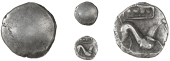 Corieltauvi, Uninscribed issues, Unit, Domino type, blank, rev. horse left, four pellets within ‘domino’ shape...