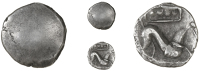 Corieltauvi, Uninscribed issues, Unit, Domino type, blank, rev. horse left, four pellets within ‘domino’ shape...