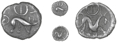 Corieltauvi, Uninscribed issues, Half-Unit, Boar/Horse type, boar right, four-spoked wheel above, pellet-in-annulet...
