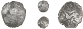 Corieltauvi, Uninscribed issues, Half-Unit, Kite type, trace of design, rev. horse left, four pellets in ‘kite’...