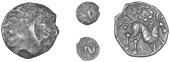 Corieltauvi, Uninscribed issues, Half-Unit, Boar/Horse type, trace of design, rev. horse right, pellet-and-ring...