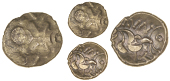 Corieltauvi, Avn Cost, Stater, cruciform wreath design with rosettes in angles, rev. disjointed horse left, avn...