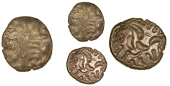 Corieltauvi, Esvp Rasv, Stater, cruciform wreath design with rosettes in angles, rev. disjointed horse left, [es]vp...