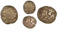 Corieltauvi, Esvp Rasv, Stater, cruciform wreath design with rosettes in angles, rev. disjointed horse left, [es]vp...
