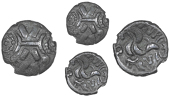 Corieltauvi, Esvp Rasv, Base Gold Stater [or bronze core], cruciform wreath design with rosettes in angles, rev....