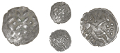 Corieltauvi, Esvp Rasv, Unit, cruciform wreath design, pellets in angles, rev. horse right, isvp above, trefoil of...