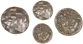 Corieltauvi, Vep, Stater, devolved head of Apollo, rev. disjointed horse left, vep above, pellets in front,...