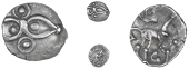 Corieltauvi, Vep Corf, Minim, two teardrop shapes containing pellets, pellet-in-annulet above and below, rev. horse...