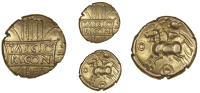 Catuvellauni, Tasciovanus, Stater, tascio ricon in two lines within panel over wreath, rev. mounted, helmeted...