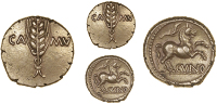Catuvellauni, Cunobelin, Stater, Classic type, ear of barley dividing camv, rev. horse prancing right, branch above,...