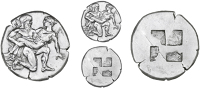 Thasos, Thasos, ‘Thasos’, Stater, c. 435-411, satyr with human feet kneeling-running right, abducting nymph who...