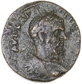 Roman Empire, Roman Empire, Macrinus (217-18), Æ, laureate and draped bust right, rev. temple on podium over...