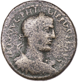 Roman Empire, Roman Empire, Philip I, Æ, laureate and draped bust right, rev. two temples held by female figures...