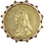 Victoria, Five Pounds, 1887 (S 3864). Loosely set in a 9ct brooch mount, about very fine (£550-600)