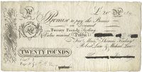 Co Dublin, Dublin, Finlay & Co, Twenty Pounds, 18[—], no. 269, originally for Messrs. Thomas Finlay, Robert Law...