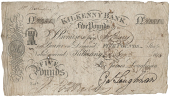 Co Kilkenny, Kilkenny, Kilkenny Bank, Five Pounds Ster[lin]g, 11 November 1818, no. 381, for James Loughnan, signed...