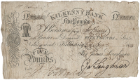 Co Kilkenny, Kilkenny, Kilkenny Bank, Five Pounds Ster[lin]g, 11 November 1818, no. 381, for James Loughnan, signed...