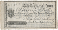 Co Limerick, Limerick, Bank of Limerick, Thirty Shillings St[erlin]g, 18—, unissued, for George Maunsell, John...