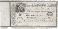 Co Limerick, Limerick, Roche’s Bank, unissued Bank Post Bill, 18—, for Four Guineas 'Payable from Ten till...