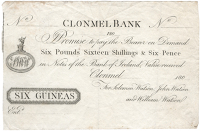 Co Tipperary, Clonmel, Clonmel Bank, Six Guineas, 180–, unissued, payable in Notes of the Bank of Ireland, for...
